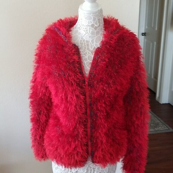 Hand Crafted Eyelash Yarn Fuzzy Hooded Jacket - Picture 1 of 7